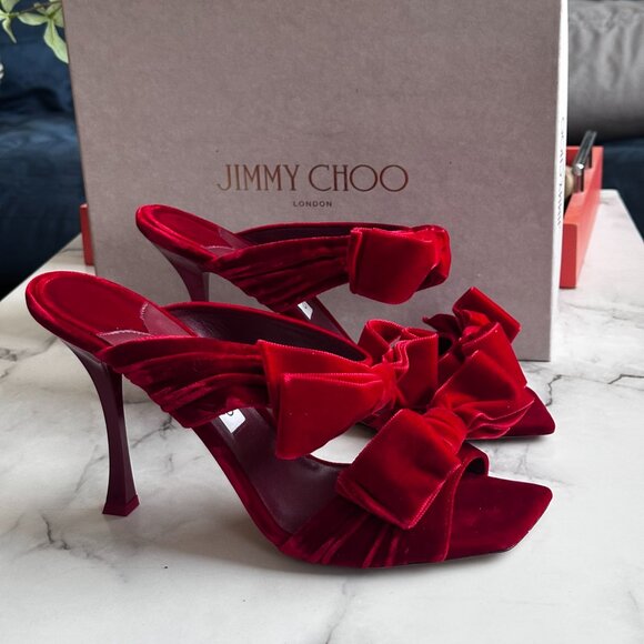 Jimmy Choo Red Velvet Bow Flaca Heels - Picture 1 of 8